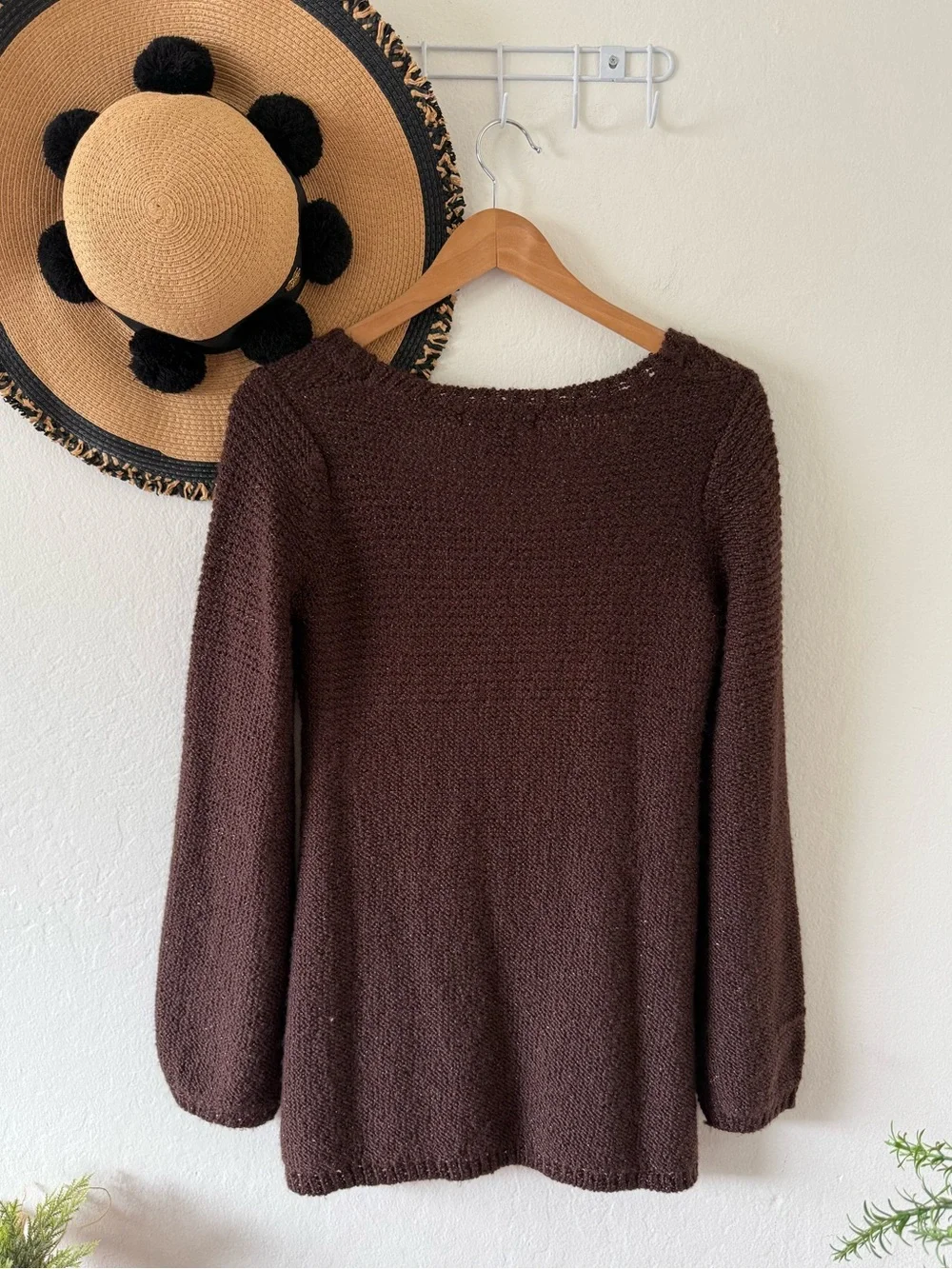 Raisey Brown Wool Blend Cable Knit Babydoll Sweater Shimmer Size Large Y2K Fall